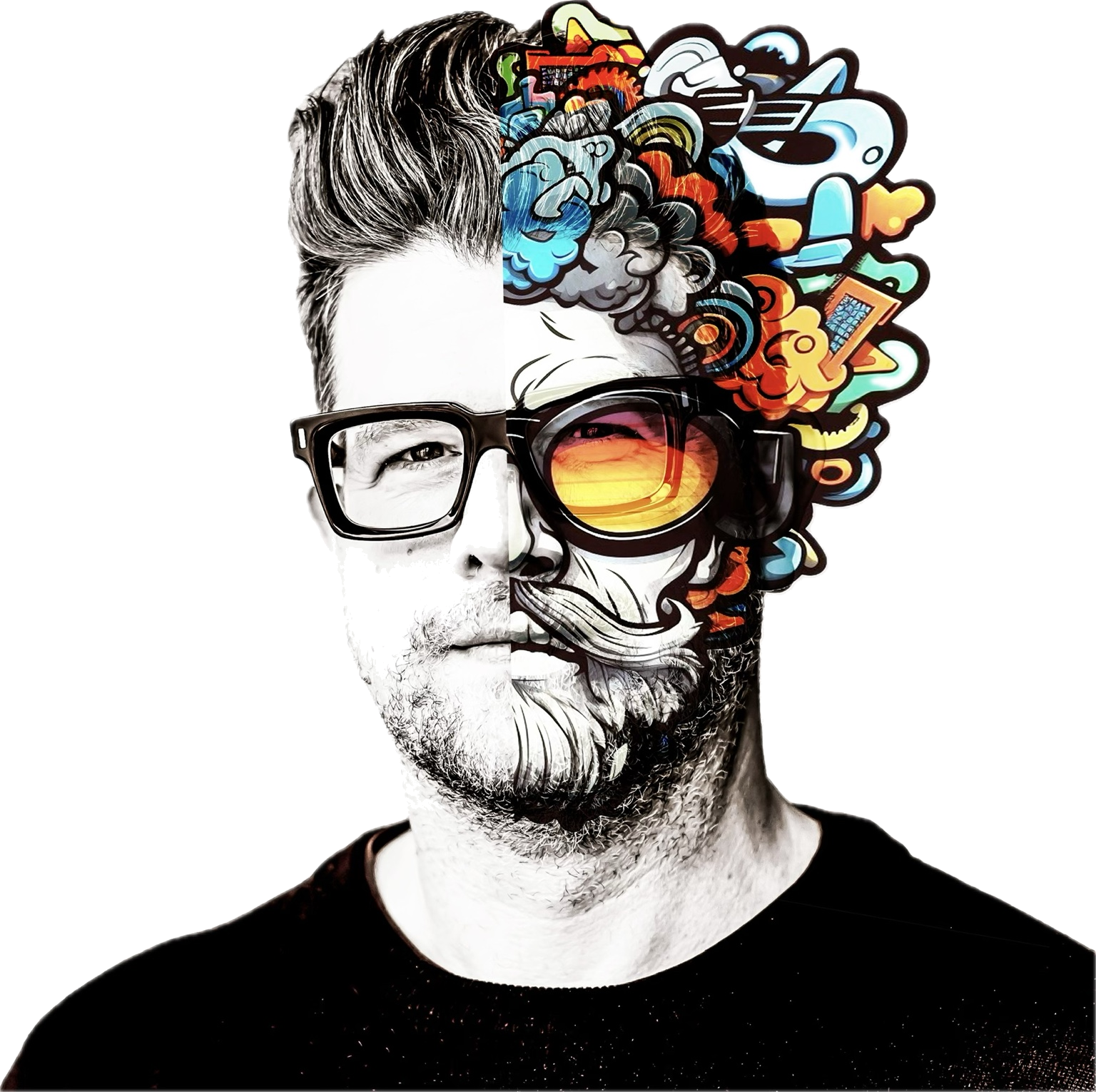 Half black-and-white, half illustrated portrait of Stefan Kreppel