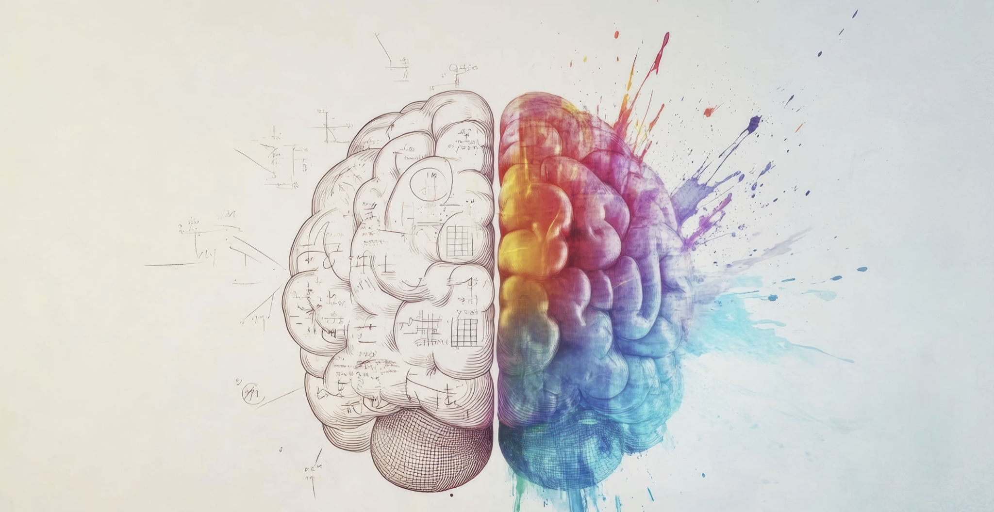 Wide illustration of a brain: analytical sketch on the left, colourful creative half on the right