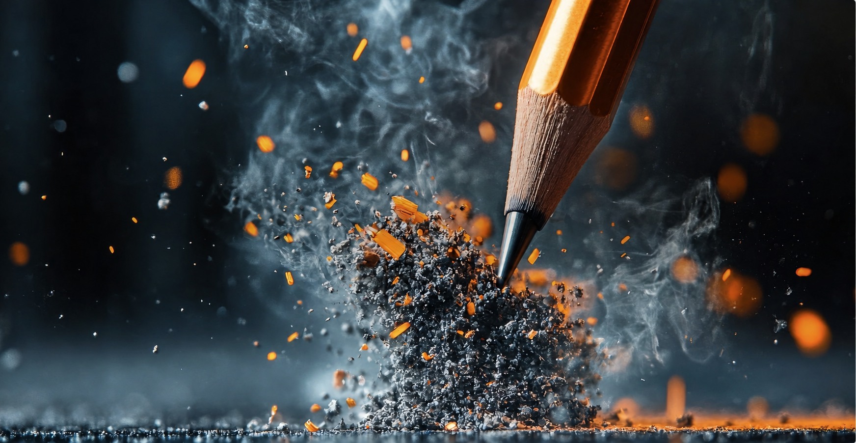 Pencil with graphite fragments and orange sparks